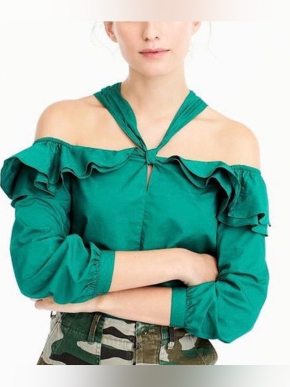 J.Crew Green Off Shoulder Ruffle Blouse Large Cottagecore Summer Chic Top